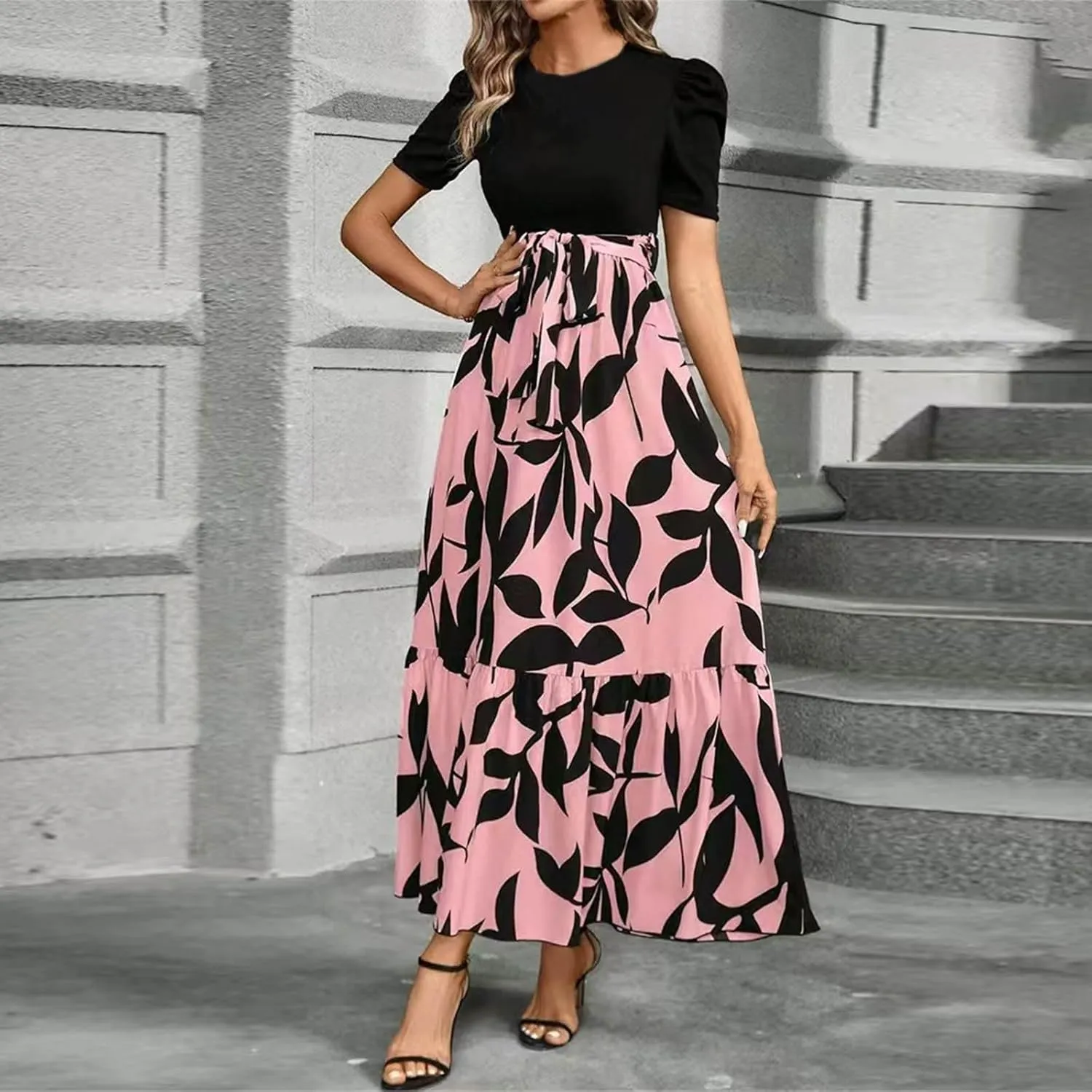 Women's Ruffle Short Sleeve Floral Printed Maxi Dress Summer Long Flowy Dresses Casual 2025 Dresses with Pockets