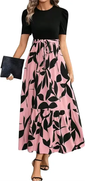 Women's Ruffle Short Sleeve Floral Printed Maxi Dress Summer Long Flowy Dresses Casual 2025 Dresses with Pockets