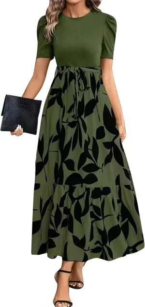 Women's Ruffle Short Sleeve Floral Printed Maxi Dress Summer Long Flowy Dresses Casual 2025 Dresses with Pockets