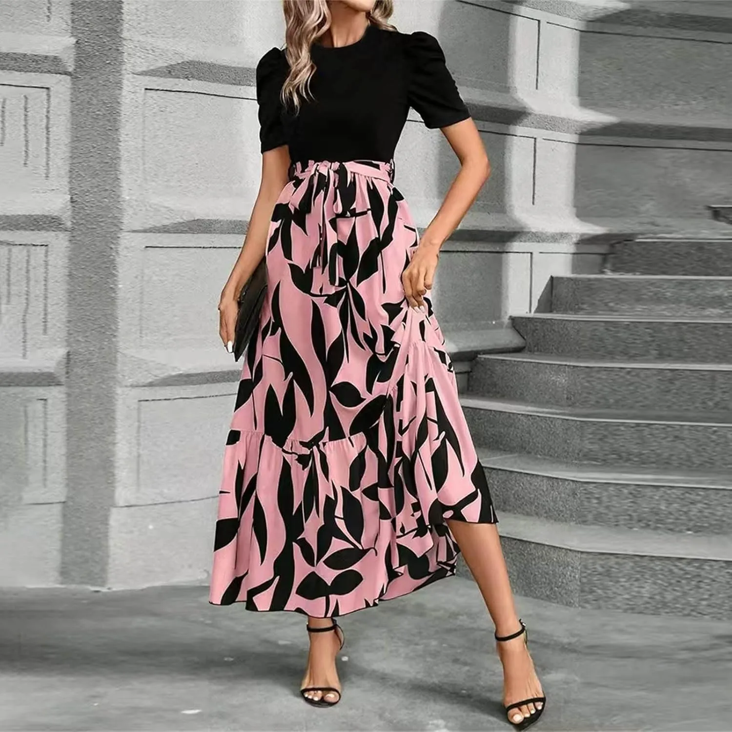Women's Ruffle Short Sleeve Floral Printed Maxi Dress Summer Long Flowy Dresses Casual 2025 Dresses with Pockets