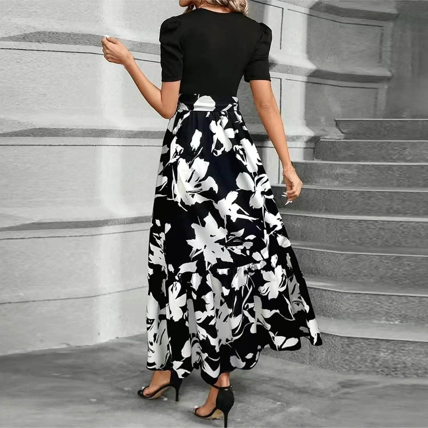 Women's Ruffle Short Sleeve Floral Printed Maxi Dress Summer Long Flowy Dresses Casual 2025 Dresses with Pockets