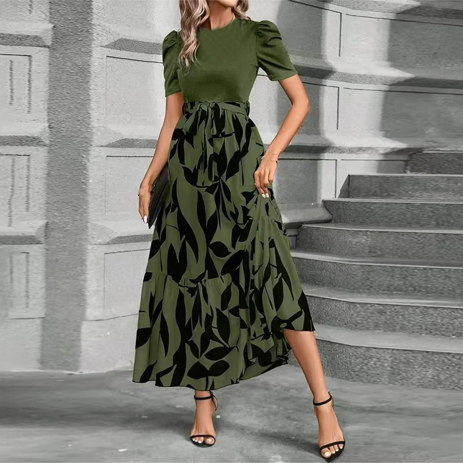 Women's Ruffle Short Sleeve Floral Printed Maxi Dress Summer Long Flowy Dresses Casual 2025 Dresses with Pockets
