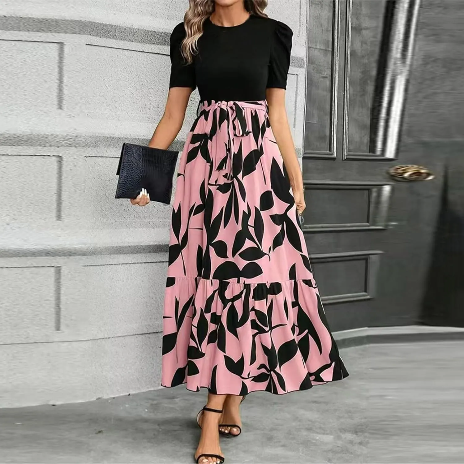 Women's Ruffle Short Sleeve Floral Printed Maxi Dress Summer Long Flowy Dresses Casual 2025 Dresses with Pockets