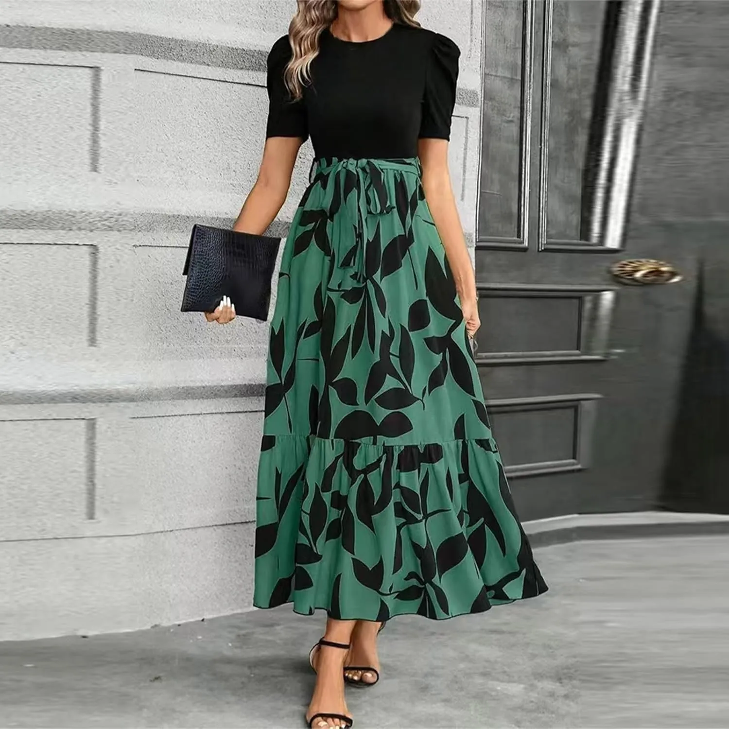 Women's Ruffle Short Sleeve Floral Printed Maxi Dress Summer Long Flowy Dresses Casual 2025 Dresses with Pockets