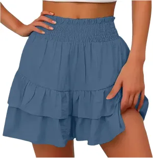 Women's Ruffle Tiered Skorts Trendy Elastic High Waist Wide Leg Baggy Skirt Shorts Clubwear Comfy Summer Beach Shorts