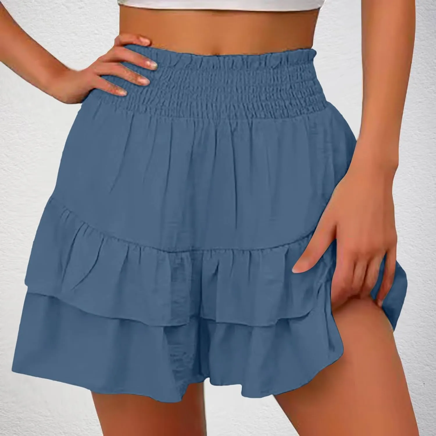 Women's Ruffle Tiered Skorts Trendy Elastic High Waist Wide Leg Baggy Skirt Shorts Clubwear Comfy Summer Beach Shorts