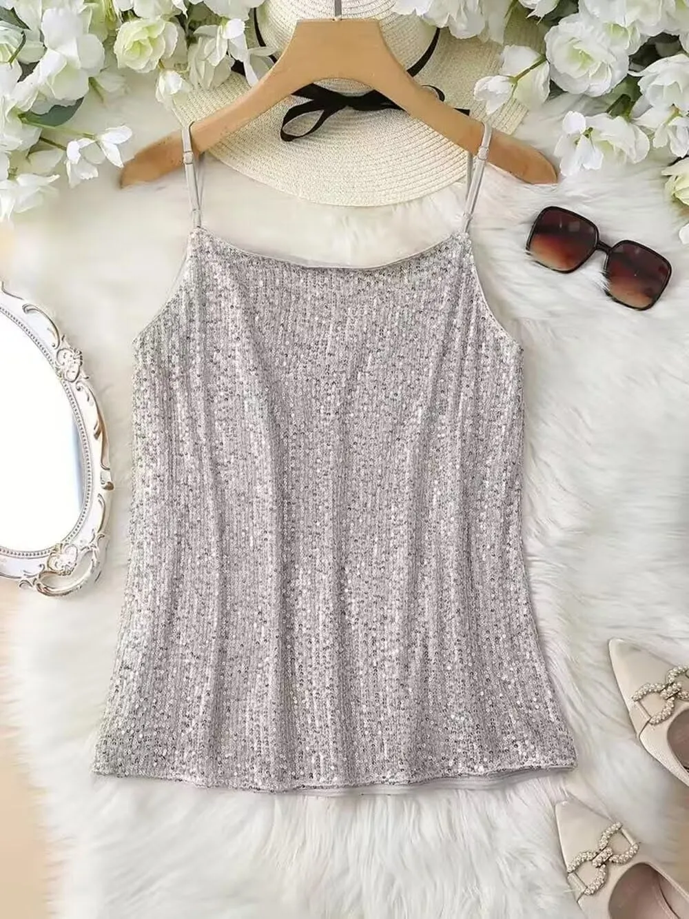Womens Sequin Sparkle Tank Tops Fashion V Neck Strappy Shimmer Camisole Sleeveless Tanks Tops 1815