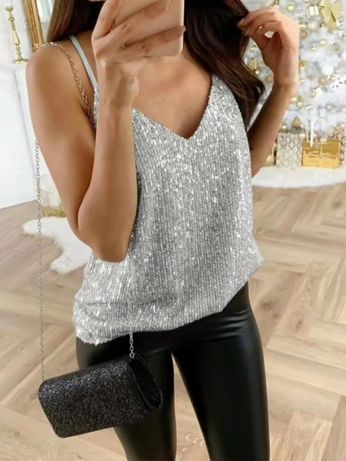 Womens Sequin Sparkle Tank Tops Fashion V Neck Strappy Shimmer Camisole Sleeveless Tanks Tops 1815
