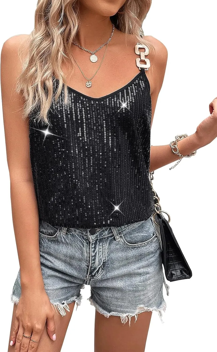 Womens Sequin Top V Neck Strappy Sparkle Camisole Glitter Sleeveless Tanks Tops