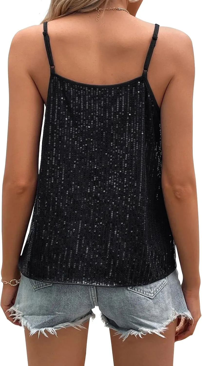 Womens Sequin Top V Neck Strappy Sparkle Camisole Glitter Sleeveless Tanks Tops