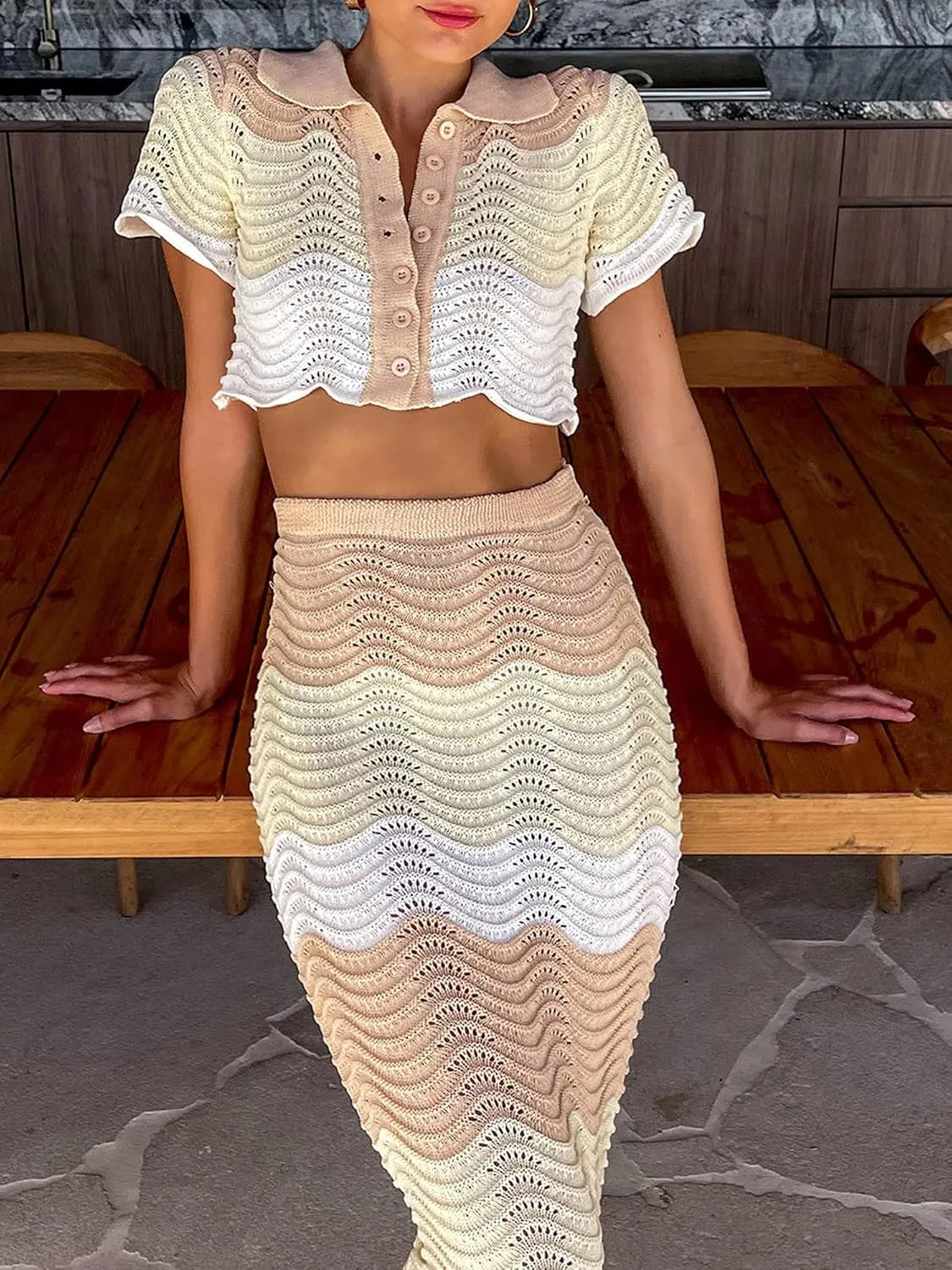 Women's Sexy Crochet Knit 2 Piece Skirt Sets Bodycon Maxi Dress Sleeveless Tank Shirt Tops High Waist Slit Long Dress
