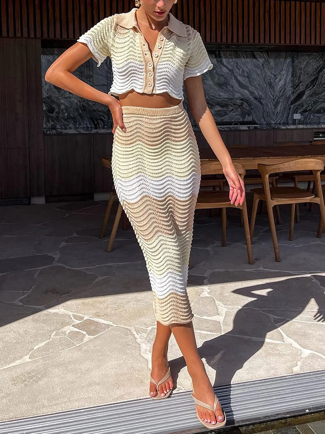 Women's Sexy Crochet Knit 2 Piece Skirt Sets Bodycon Maxi Dress Sleeveless Tank Shirt Tops High Waist Slit Long Dress