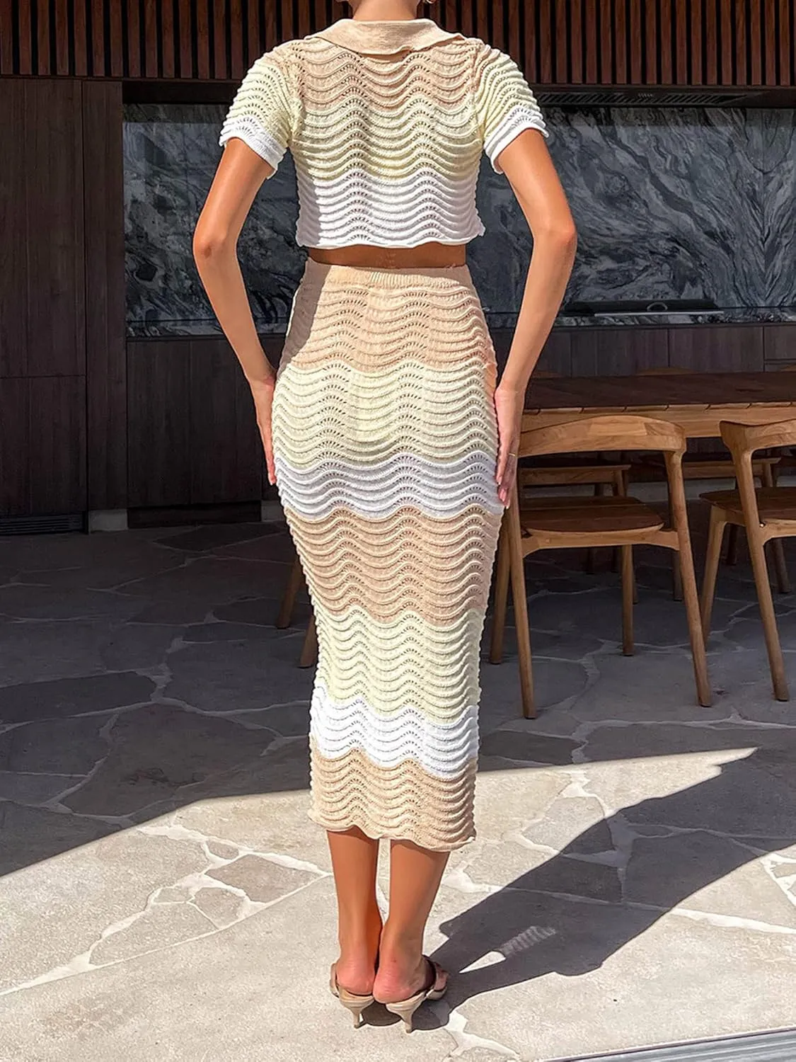 Women's Sexy Crochet Knit 2 Piece Skirt Sets Bodycon Maxi Dress Sleeveless Tank Shirt Tops High Waist Slit Long Dress