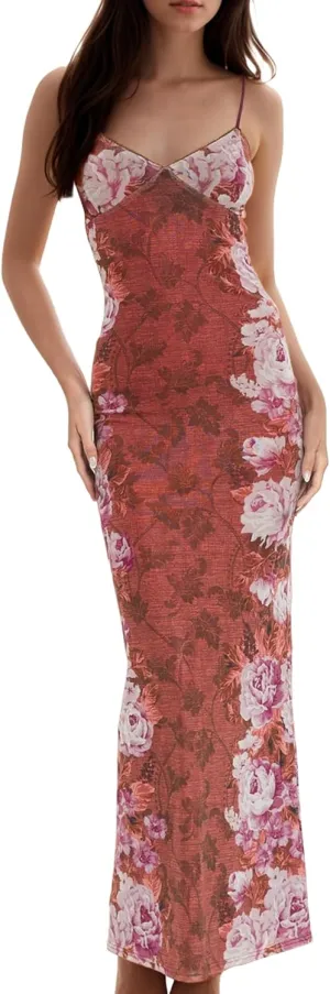 Womens Sexy V Neck Satin Maxi Dresses Spaghetti Strap Floral Print Dresses Slim Fit Elegant Long Dresses Night Party Outfits