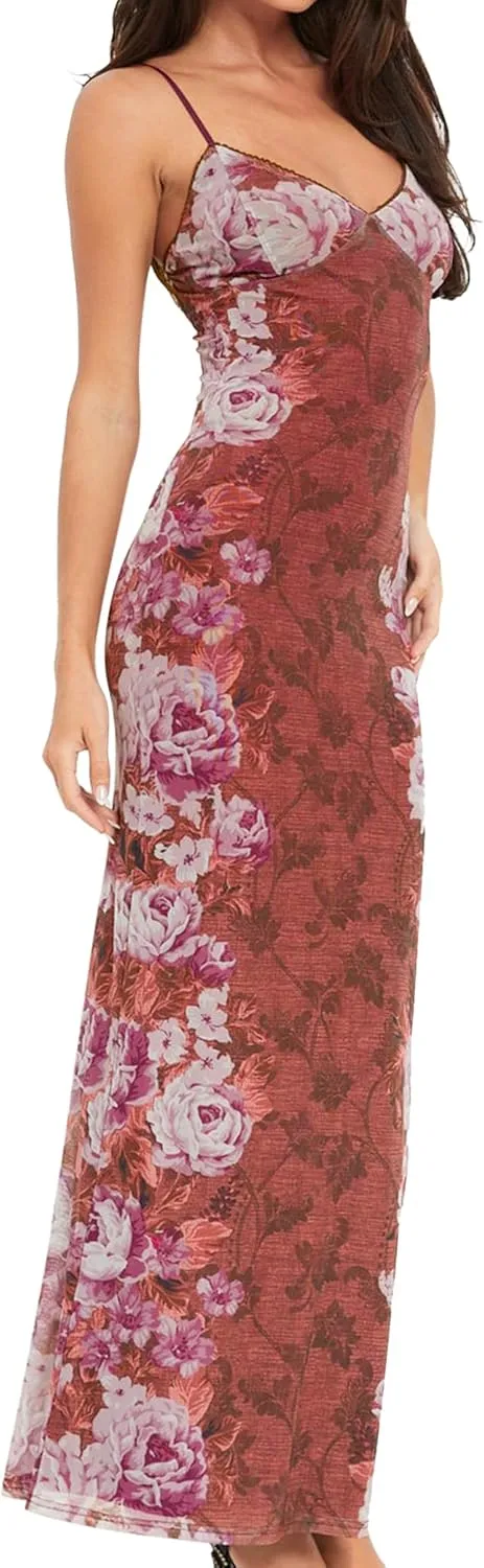 Womens Sexy V Neck Satin Maxi Dresses Spaghetti Strap Floral Print Dresses Slim Fit Elegant Long Dresses Night Party Outfits