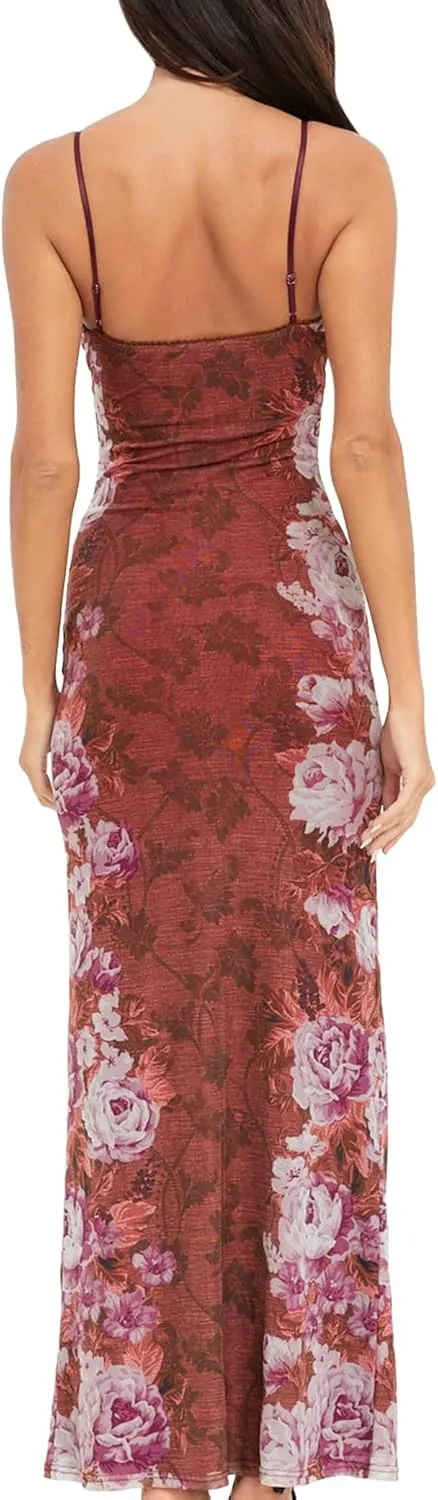 Womens Sexy V Neck Satin Maxi Dresses Spaghetti Strap Floral Print Dresses Slim Fit Elegant Long Dresses Night Party Outfits
