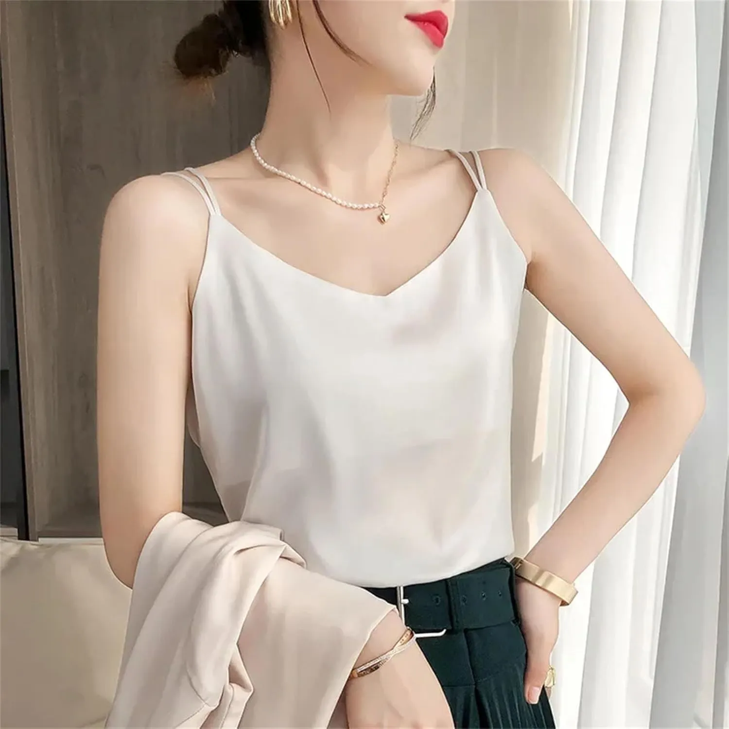 Women's Silk Sling Camisole Silk Satin Tank Tops for Women Trendy V-Neck Sleeveless Top