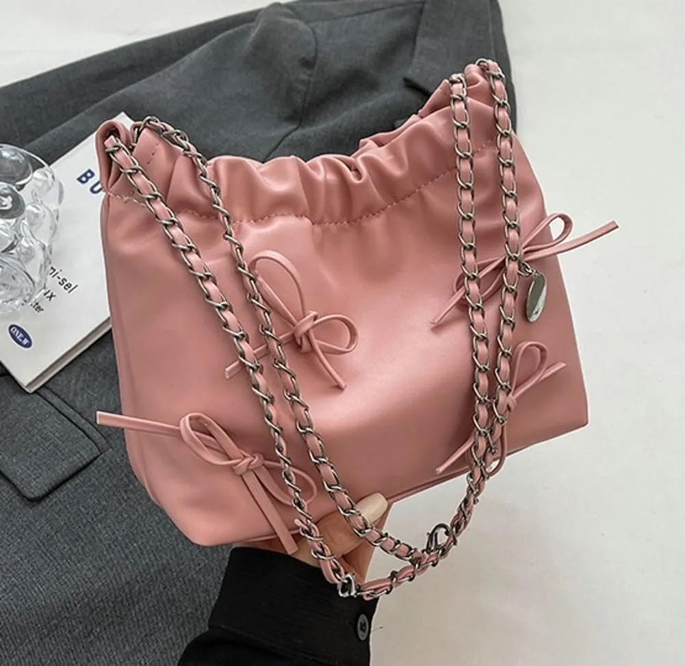 Women's Soft PU Leather Shoulder Bag Y2K Bow Bucket Totes Hobo Handbag Fashion Purse Satchel with Chain Well made
