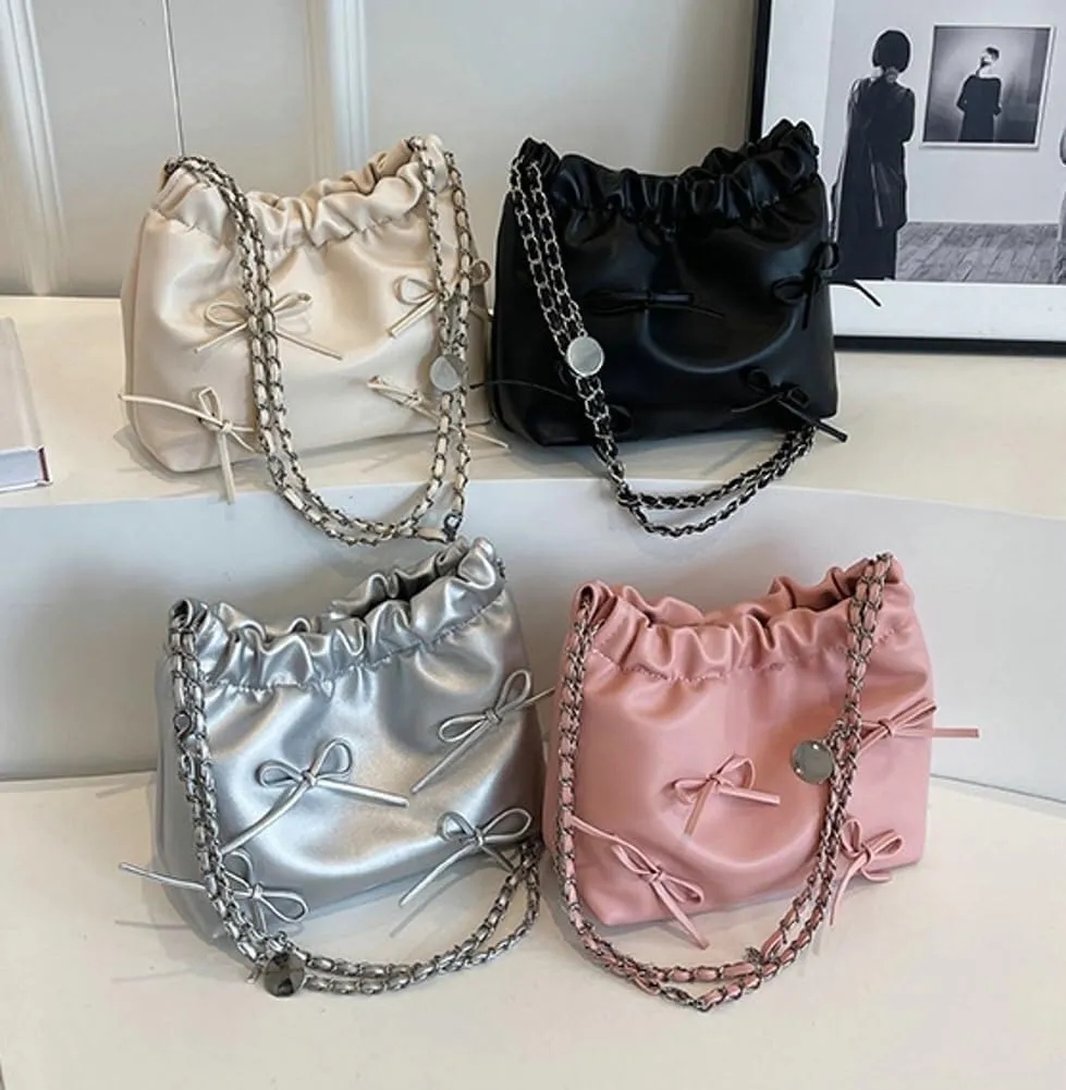 Women's Soft PU Leather Shoulder Bag Y2K Bow Bucket Totes Hobo Handbag Fashion Purse Satchel with Chain Well made