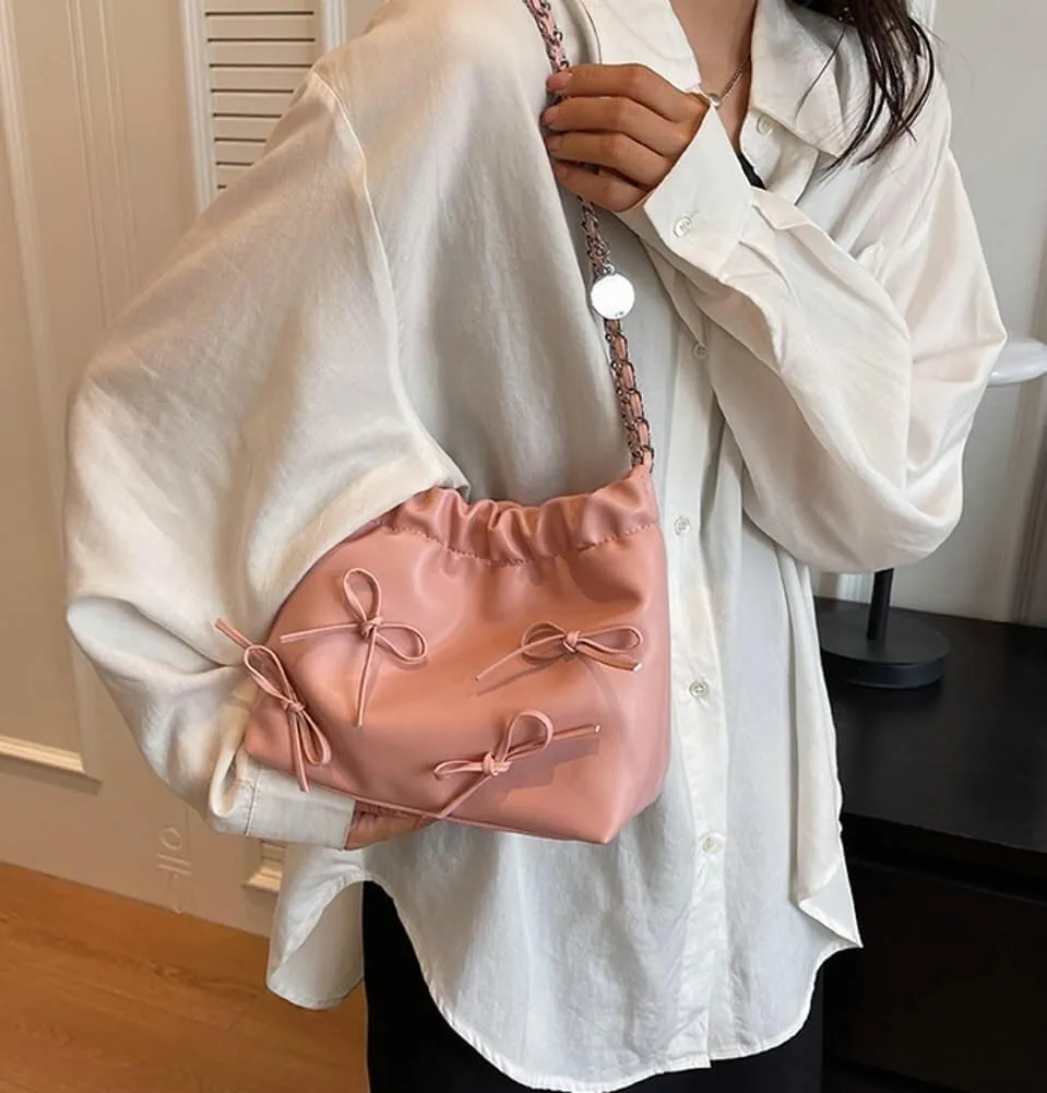 Women's Soft PU Leather Shoulder Bag Y2K Bow Bucket Totes Hobo Handbag Fashion Purse Satchel with Chain Well made