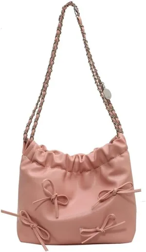 Women's Soft PU Leather Shoulder Bag Y2K Bow Bucket Totes Hobo Handbag Fashion Purse Satchel with Chain Well made