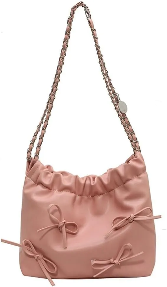 Women's Soft PU Leather Shoulder Bag Y2K Bow Bucket Totes Hobo Handbag Fashion Purse Satchel with Chain Well made