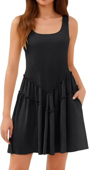 Womens Summer Mini Dress Casual Sleeveless Crewneck Knitted Crochet Hem Flowy Sundress Ruffle Tiered Tank Dresses