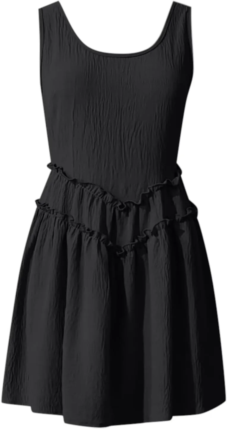 Womens Summer Mini Dress Casual Sleeveless Crewneck Knitted Crochet Hem Flowy Sundress Ruffle Tiered Tank Dresses