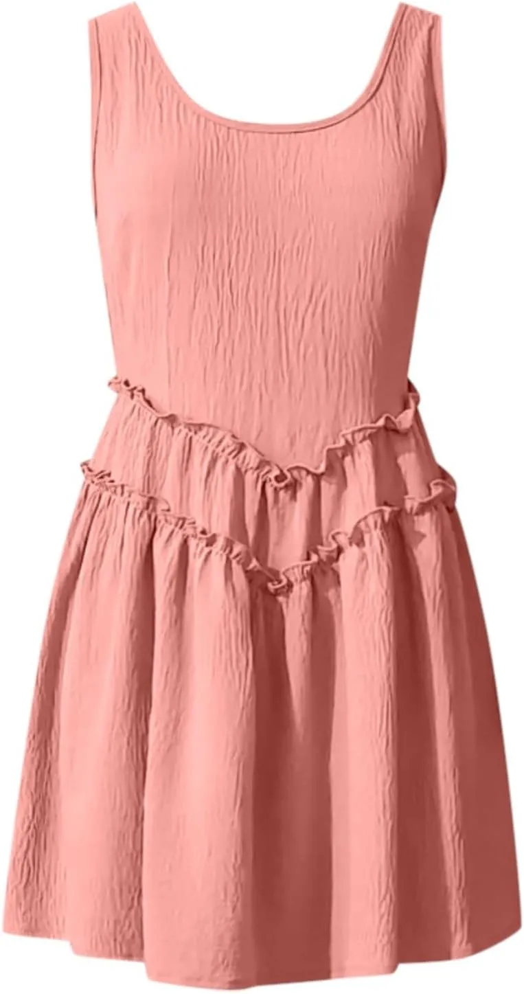 Womens Summer Mini Dress Casual Sleeveless Crewneck Knitted Crochet Hem Flowy Sundress Ruffle Tiered Tank Dresses