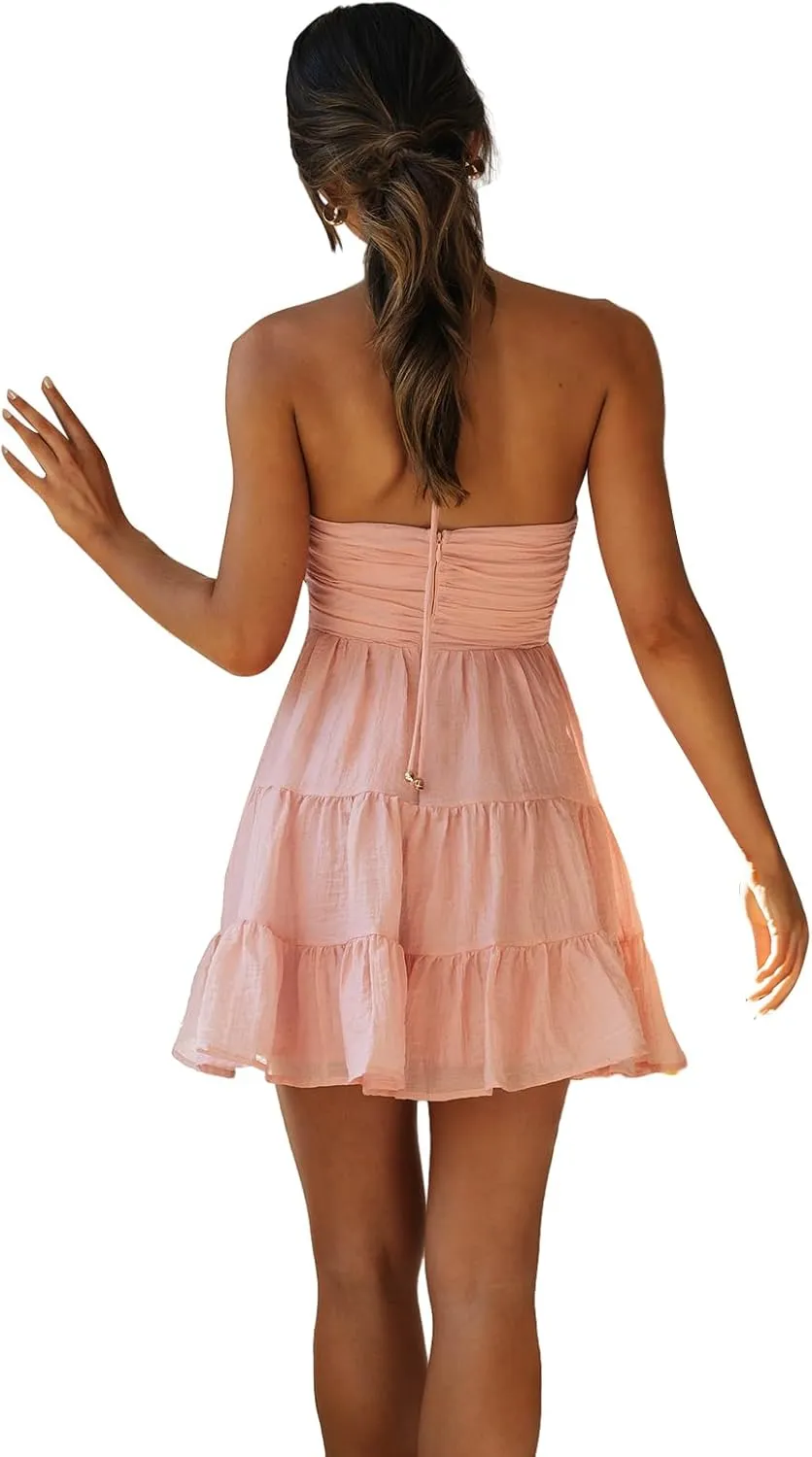 Women's Summer Mini Dress Halter Deep V Neck Sleeveless Flowy Tiered Ruffle Hem Dress Beach Streetwear