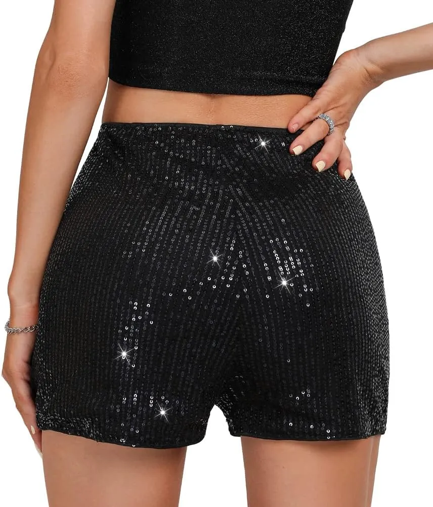 Womens Summer Sequin High Waist Shorts Straight Leg Sparkly Hot Pants Clubwear Party Glitter Short