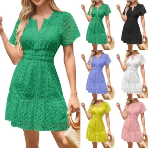 Womens Summer V Neck Short Sleeve Short Dress Casual A Line Hollow Out Lace Ruffle Beach Party Dresses