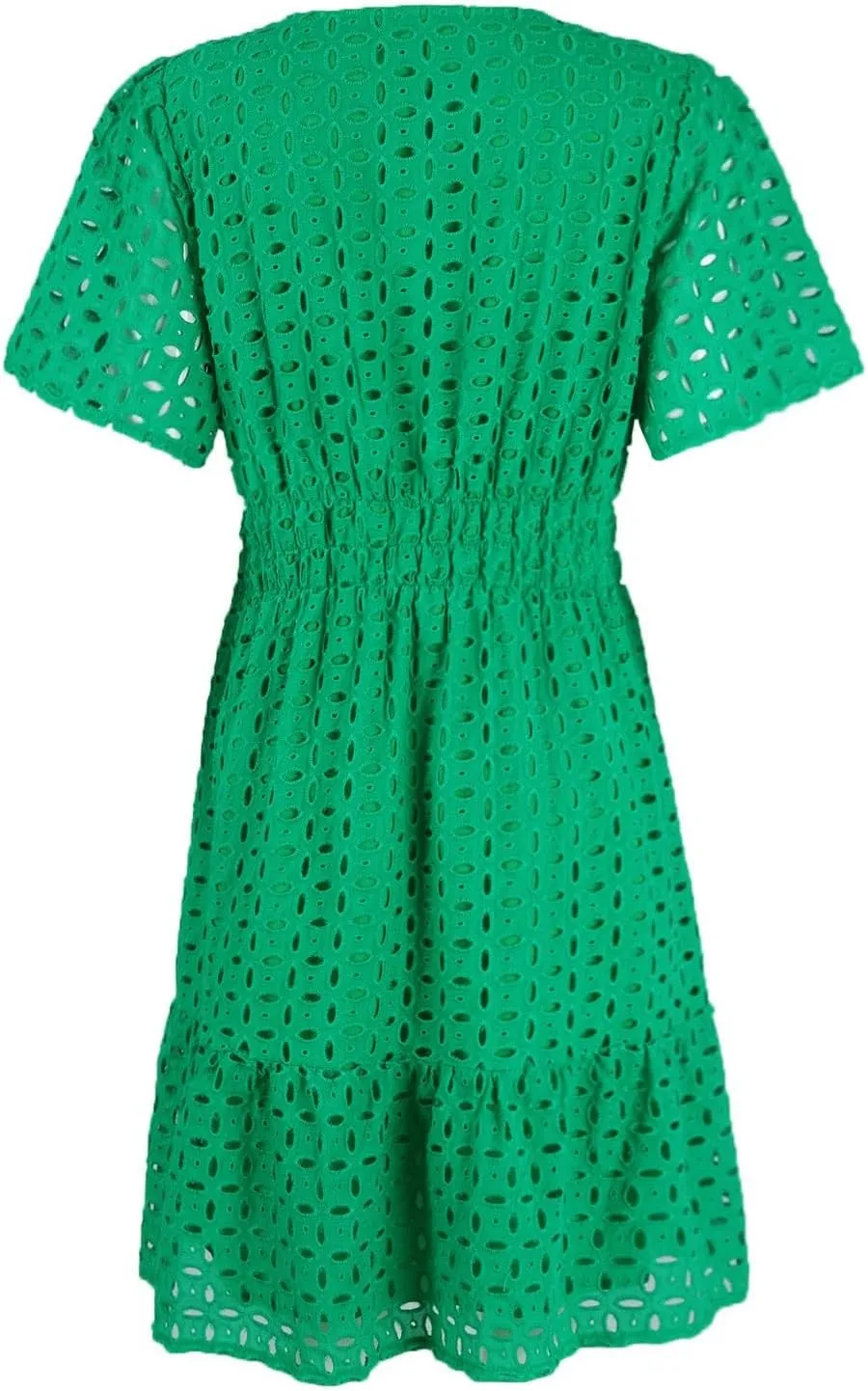Womens Summer V Neck Short Sleeve Short Dress Casual A Line Hollow Out Lace Ruffle Beach Party Dresses
