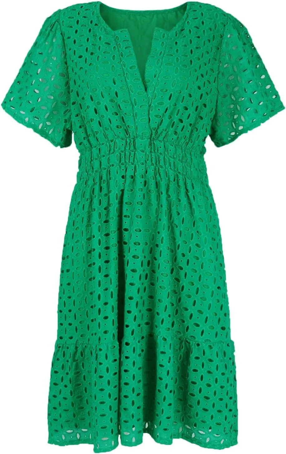 Womens Summer V Neck Short Sleeve Short Dress Casual A Line Hollow Out Lace Ruffle Beach Party Dresses