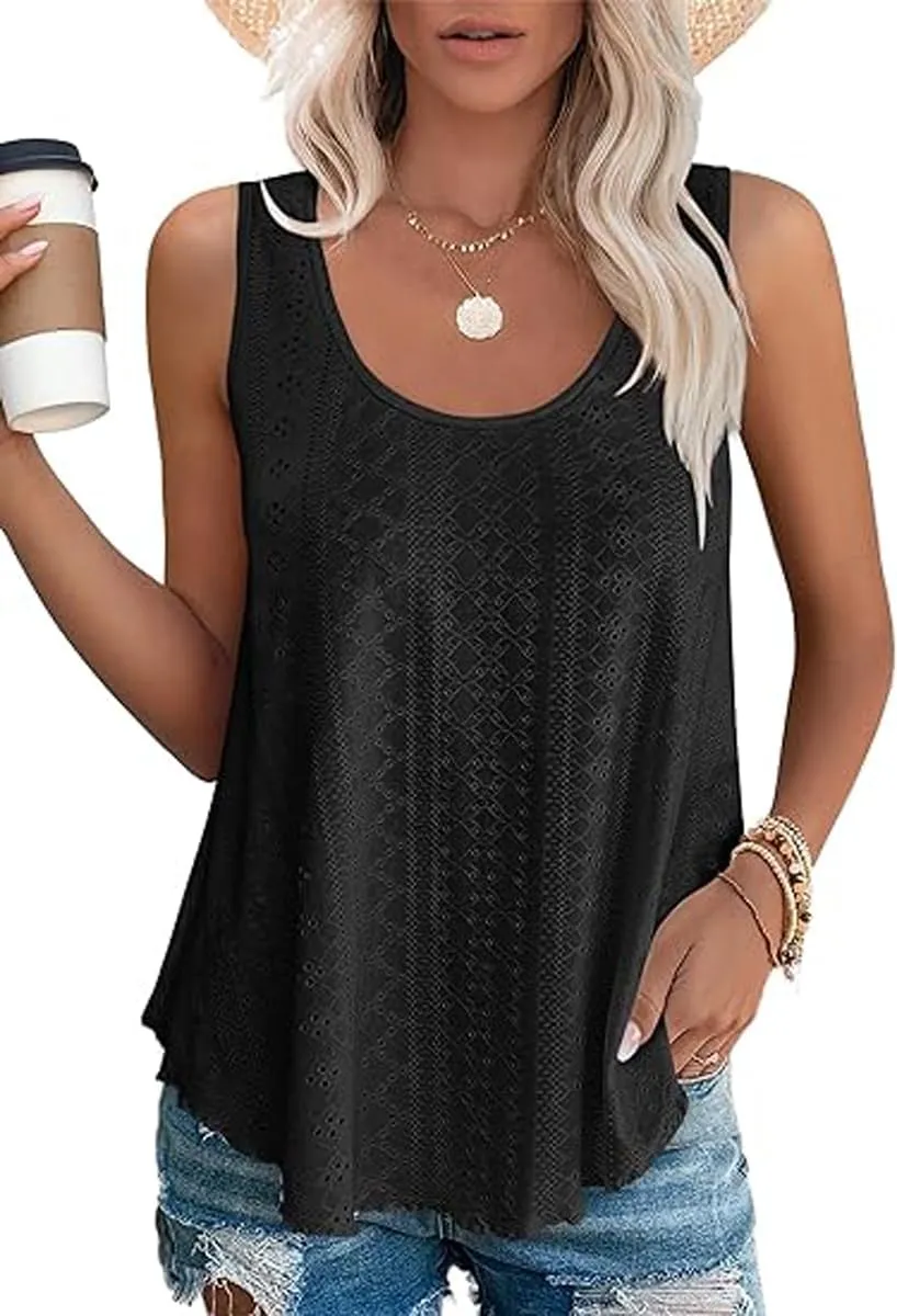 Womens Tank Tops Eyelet Embroidery Sleeveless Cami Scoop Neck Loose Casual Summer Camisole Shirts
