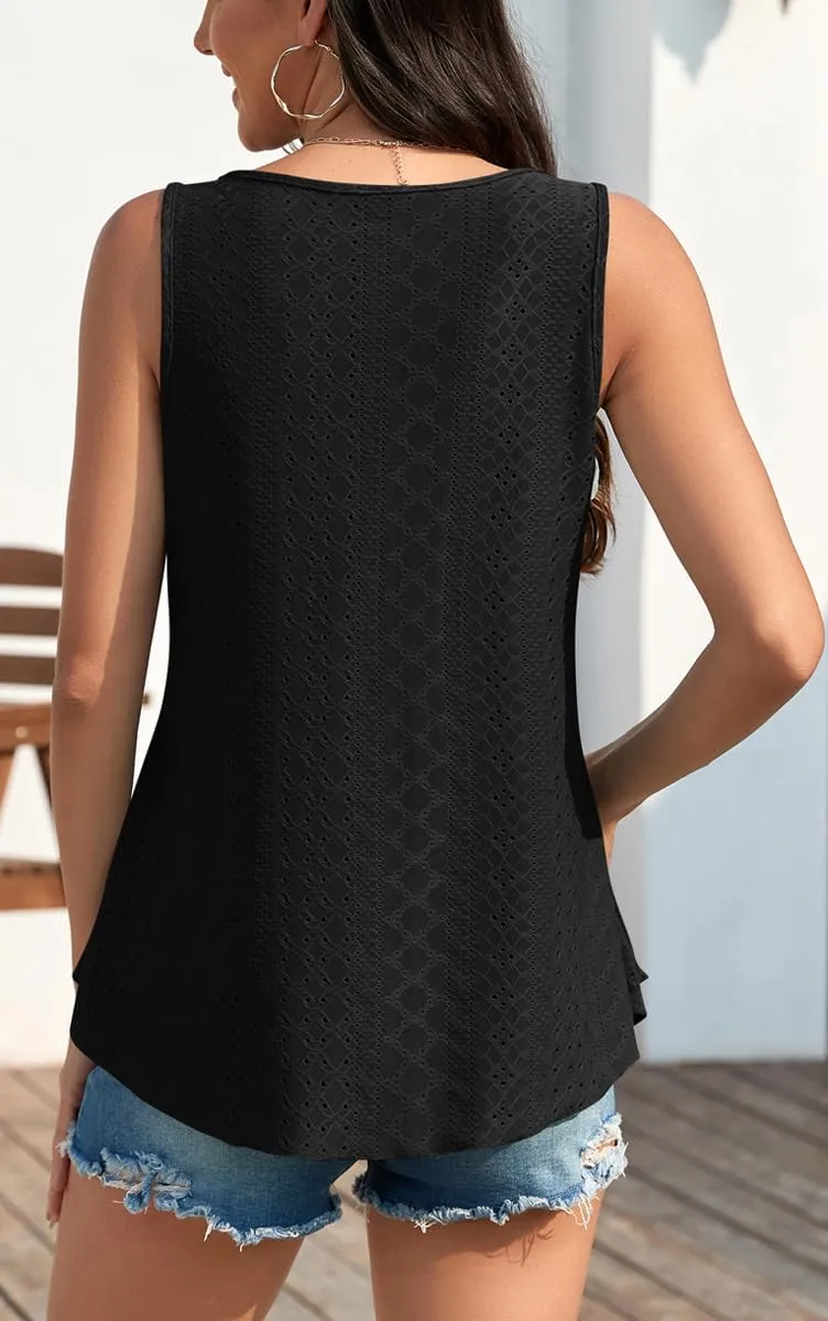 Womens Tank Tops Eyelet Embroidery Sleeveless Cami Scoop Neck Loose Casual Summer Camisole Shirts