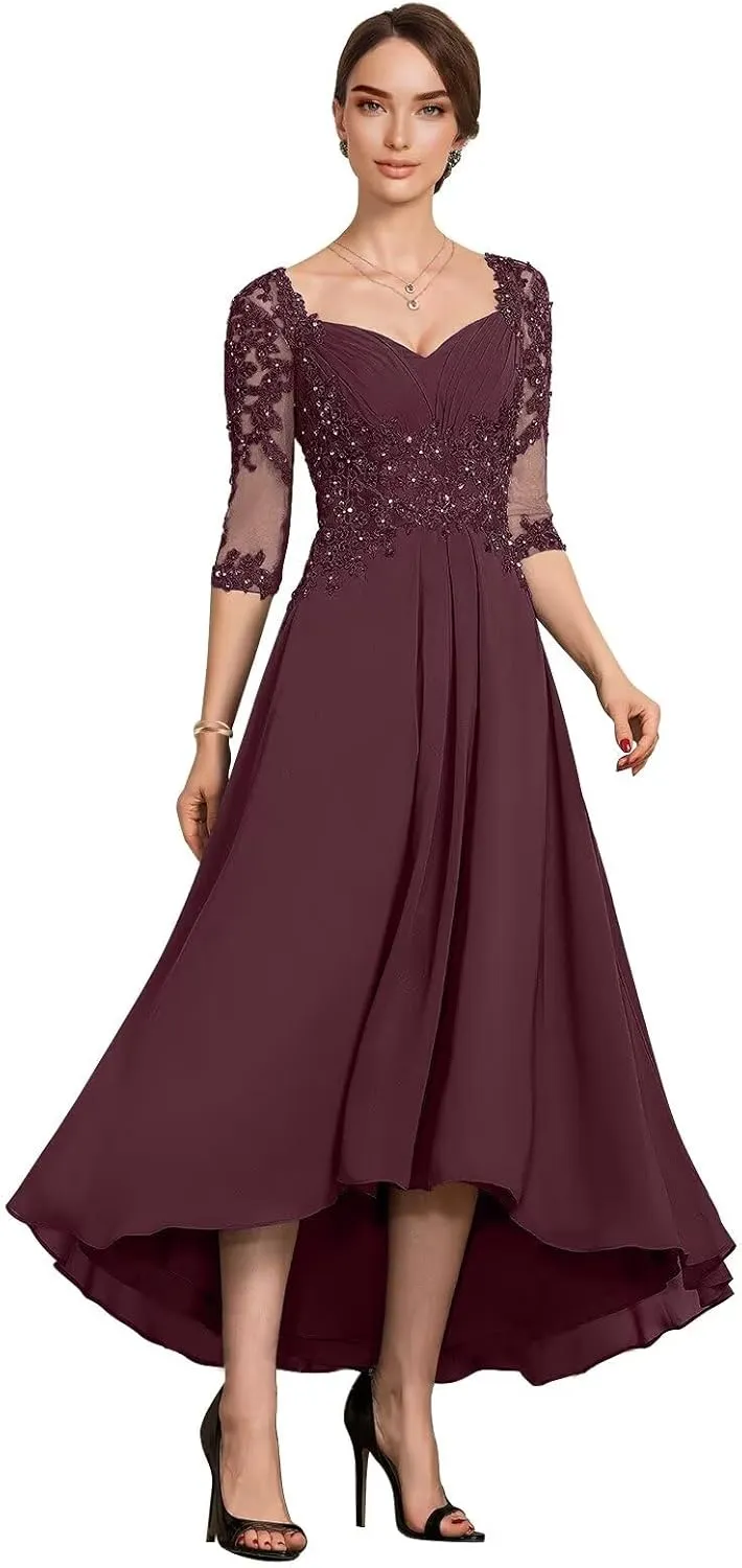 Women's Tea Length Mother of The Bride Dresses for Wedding 3/4 Sleeves Lace Formal Evening Prom Gowns