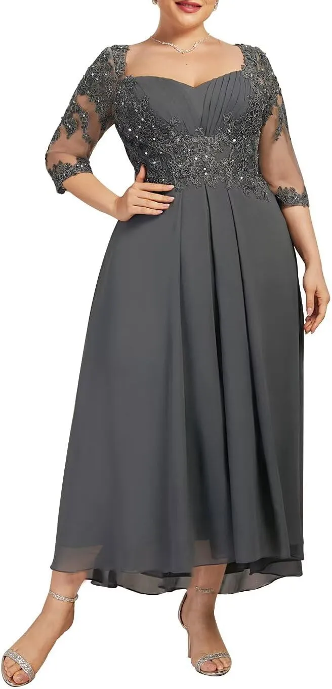 Women's Tea Length Mother of The Bride Dresses for Wedding 3/4 Sleeves Lace Formal Evening Prom Gowns