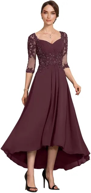 Women's Tea Length Mother of The Bride Dresses for Wedding 3/4 Sleeves Lace Formal Evening Prom Gowns