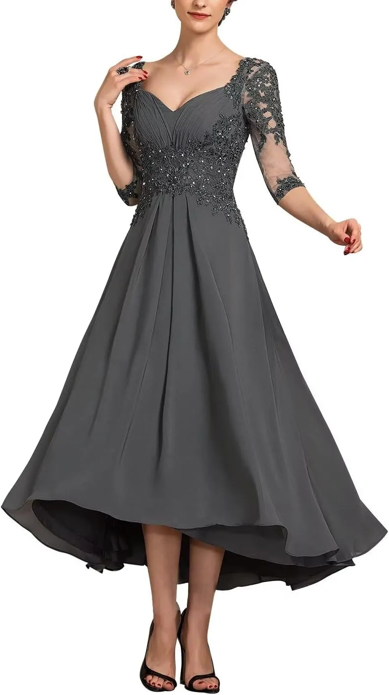 Women's Tea Length Mother of The Bride Dresses for Wedding 3/4 Sleeves Lace Formal Evening Prom Gowns