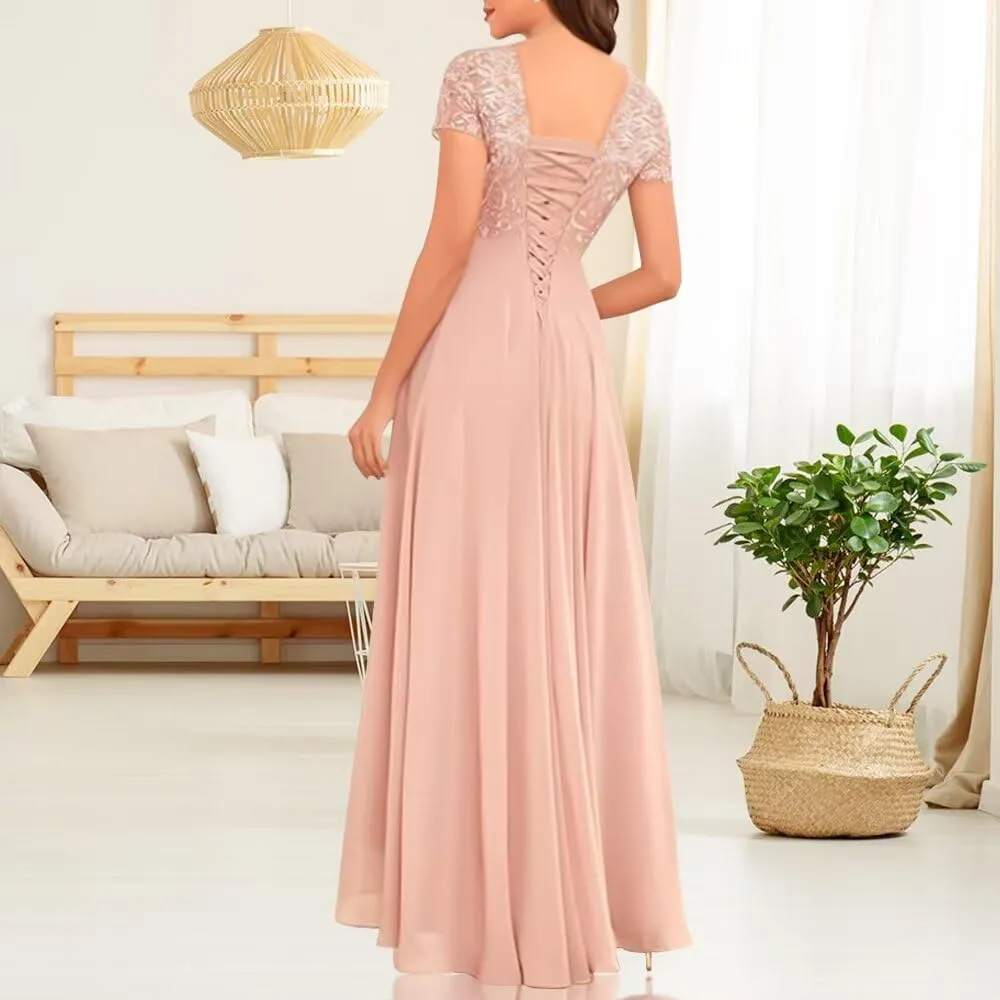 Women's Tea Length Mother of The Bride Dresses for Wedding Short Sleeves Lace Chiffon Formal Evening Gowns