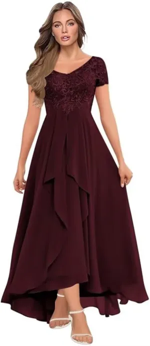 Women's Tea Length Mother of The Bride Dresses for Wedding Short Sleeves Lace Chiffon Formal Evening Gowns