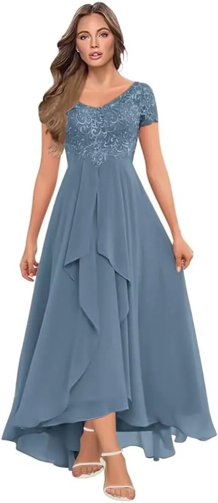 Women's Tea Length Mother of The Bride Dresses for Wedding Short Sleeves Lace Chiffon Formal Evening Gowns
