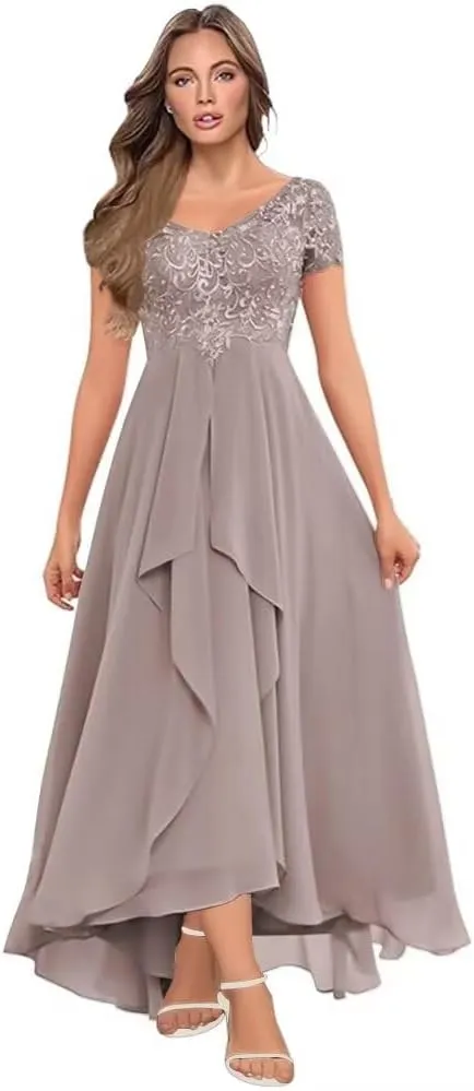 Women's Tea Length Mother of The Bride Dresses for Wedding Short Sleeves Lace Chiffon Formal Evening Gowns