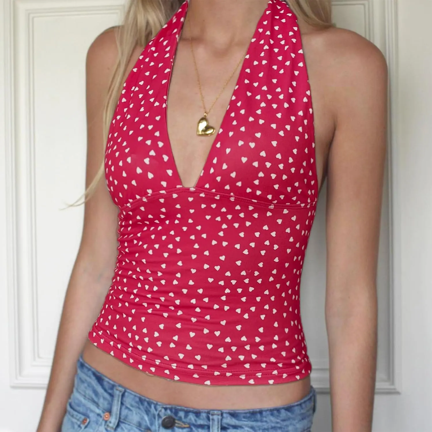 Women's Tie Back Halter Deep V Neck Tank Tops Y2K Sleeveless Backless Tight Fit Cami Shirt Tops