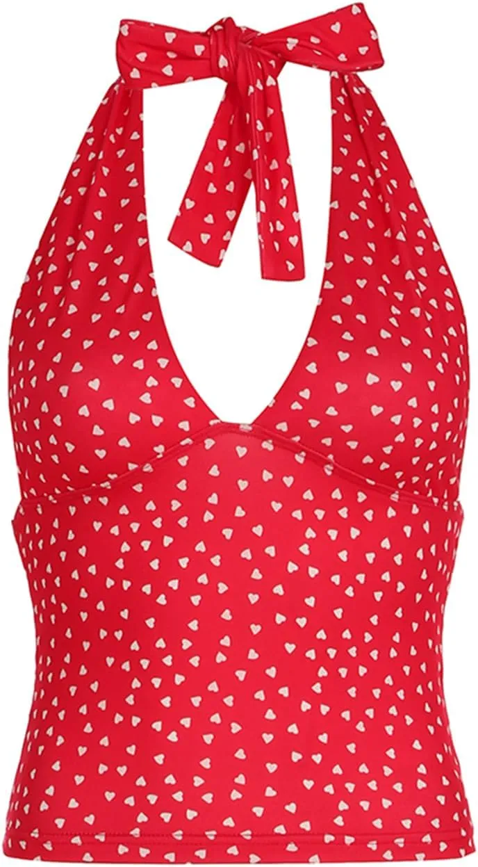 Women's Tie Back Halter Deep V Neck Tank Tops Y2K Sleeveless Backless Tight Fit Cami Shirt Tops