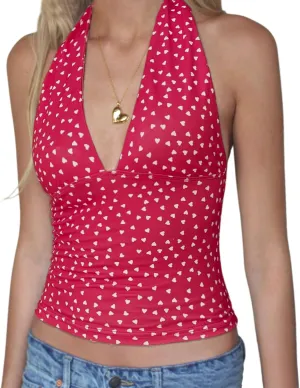Women's Tie Back Halter Deep V Neck Tank Tops Y2K Sleeveless Backless Tight Fit Cami Shirt Tops