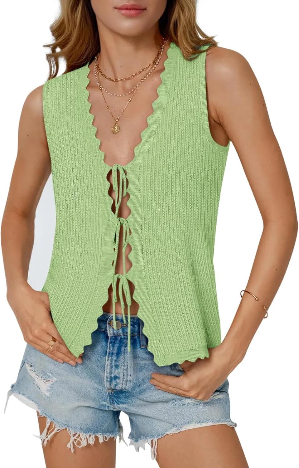 Womens Tie Front Tops Trendy 2025 Summer V Neck Sleeveless Sweater Vests Fashion Cute Crochet Knit Tops