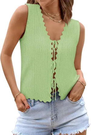Womens Tie Front Tops Trendy 2025 Summer V Neck Sleeveless Sweater Vests Fashion Cute Crochet Knit Tops