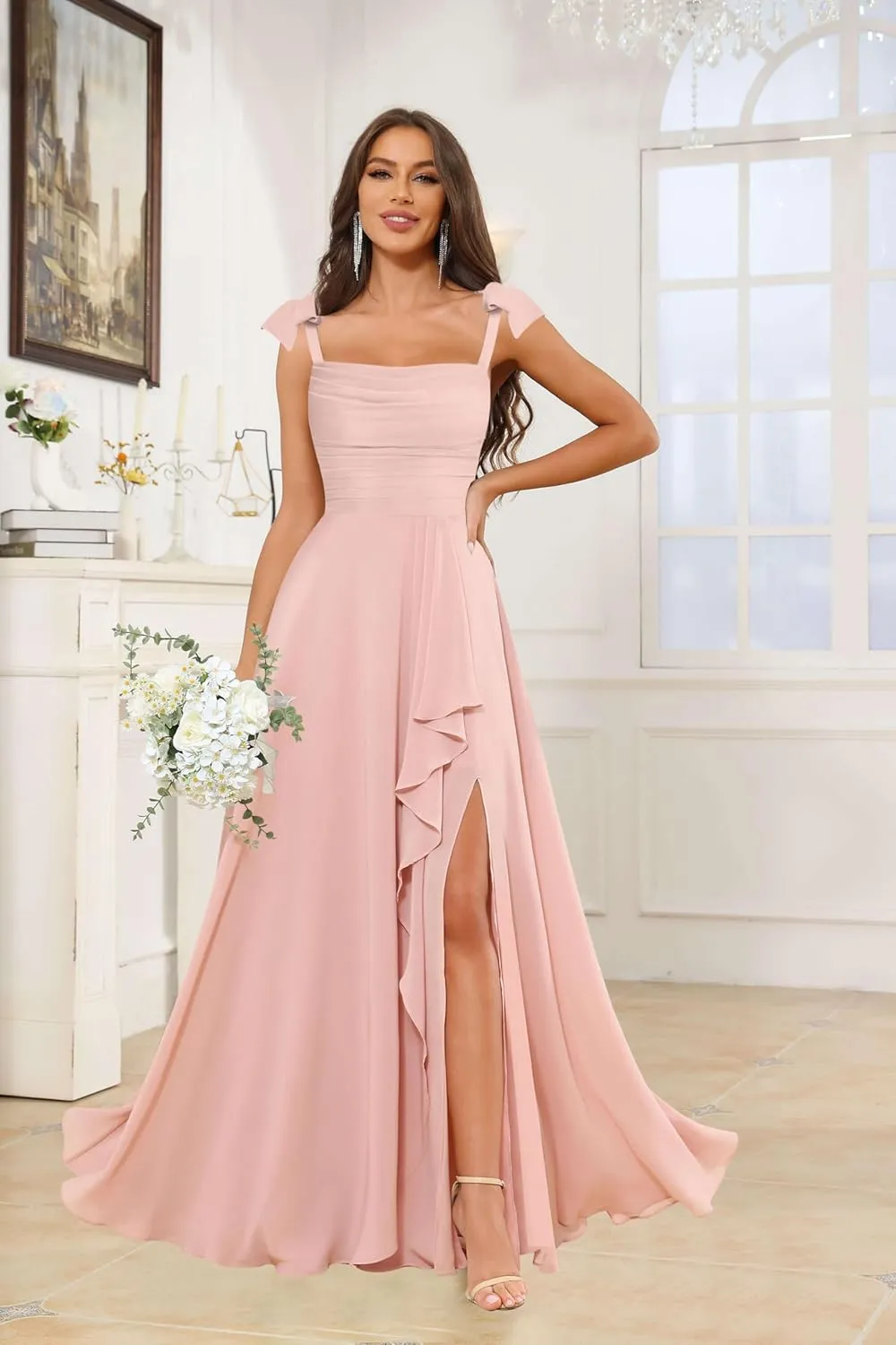 Women's Tie Straps Bridesmaid Dresses with Slit Ruffled Chiffon Long Formal Evening Gowns